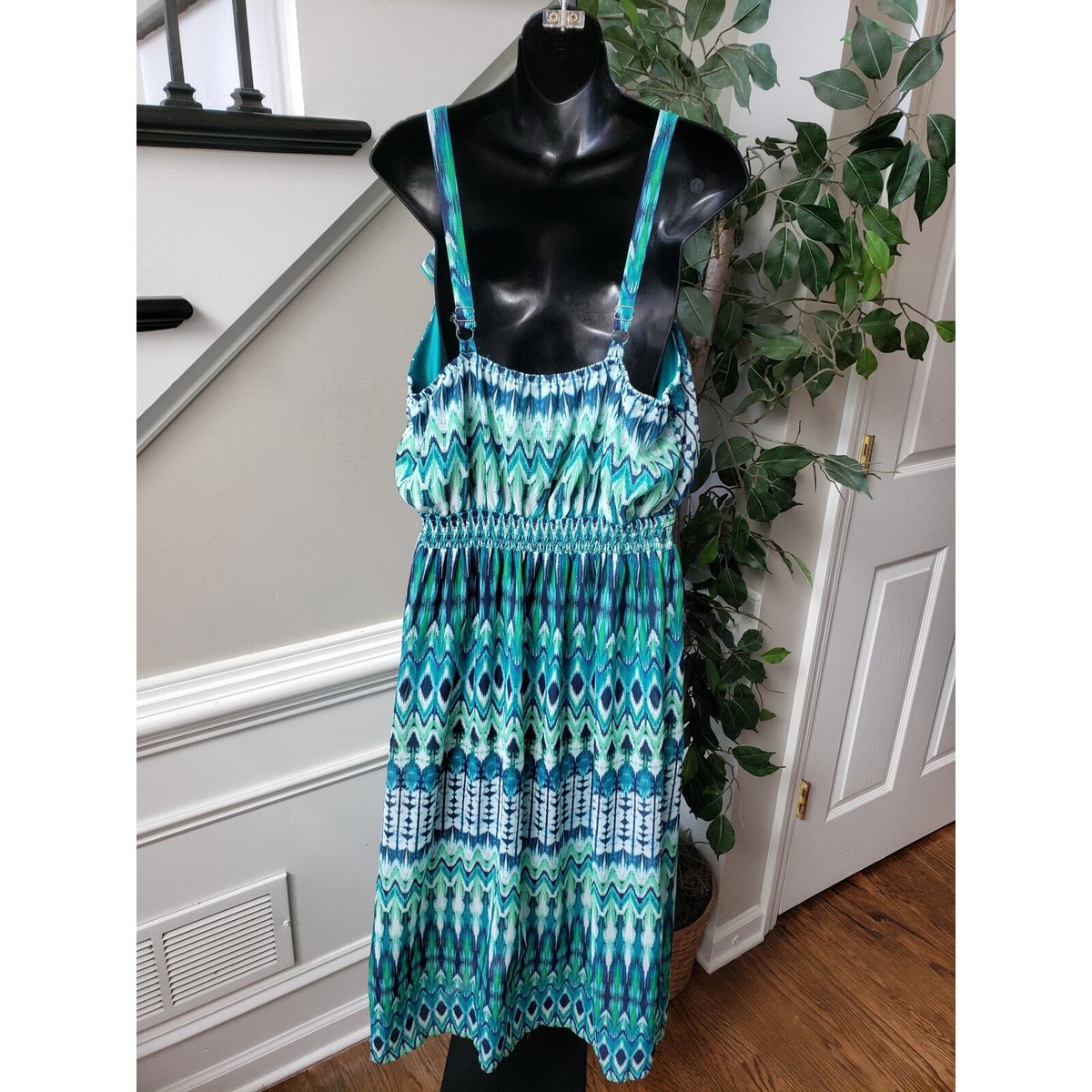faded glory maxi dress Faded Glory Long Maxi Dress Women 2X Green & Blue Ruffle Strap V-Neck  Sleeveless