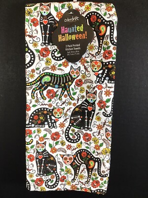 Colordrift Haunted Halloween Skeleton Kitties Cats Cotton Kitchen Towels 2qty 