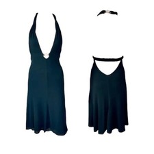 Versace S/S 2007 Crystal Logo Plunging Neckline Backless Halter Black Dress