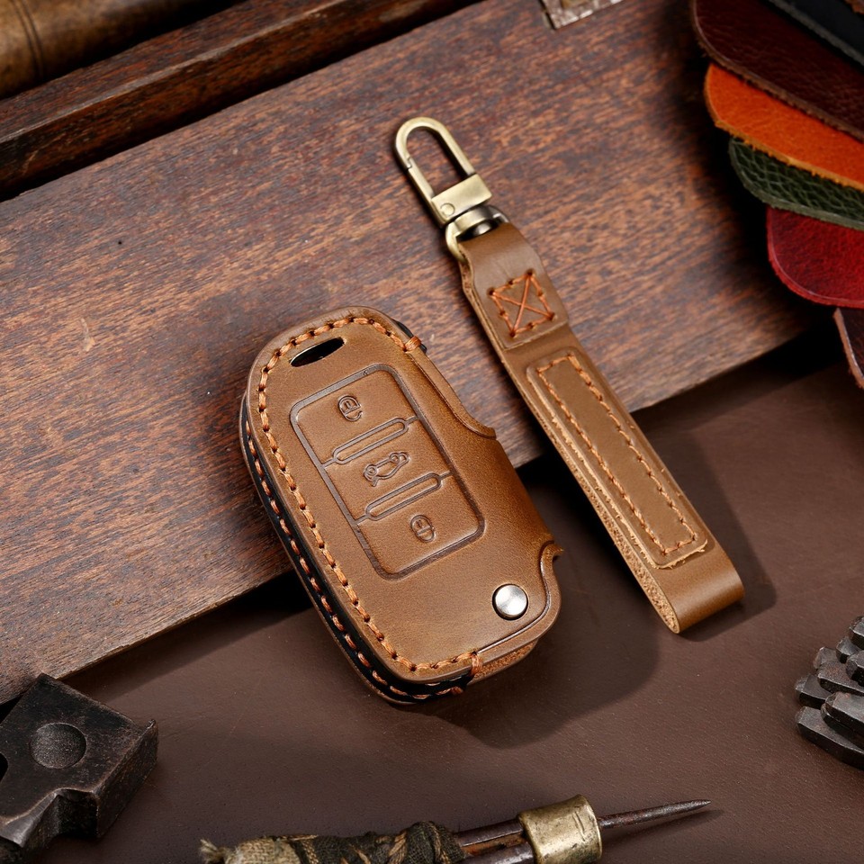 Leather Remote Key Fob Cover Case Holder Shell for Volkswagen Tiguan