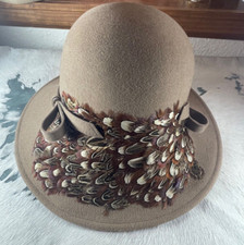 Mr John Hat OS Wool Classic Feathers Brown NY Paris Excello USA Vintage