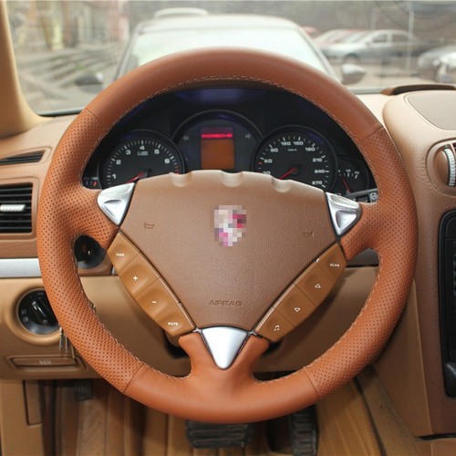 Anti Slip Brown Leather Hand Sewing Steering Wheel Cover For Porsche Cayenne - Picture 1 of 10