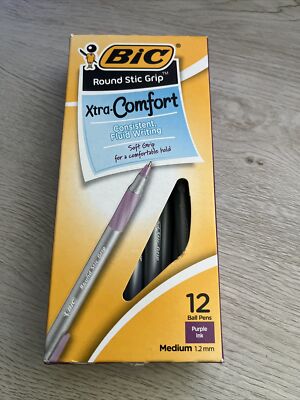 BIC round Stic Grip Xtra Comfort Fashion Ball Point Pen Purple, 12 Pack