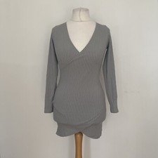 Grey Bodycon Dress Size 10-12  Ribbed  Long Sleeved  Faux Wrap, NWOT
