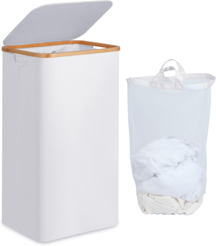 Laundry Basket with Lid and Removable Bag, 100L Tall Laundry Hamper with Bamboo