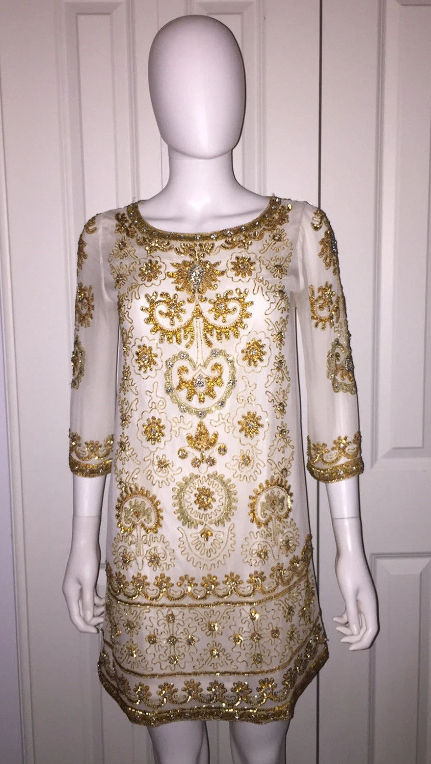 ANTIK BATIK "CANDOR" WHITE SILK EMBELLISHED DRESS 38 S