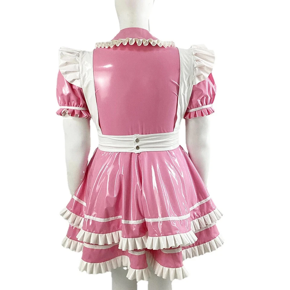 Lolita Lockable PVC Shiny French Maid Unifroms Bubble Sleeve Ruffles Maid Dress - Image 3 of 4