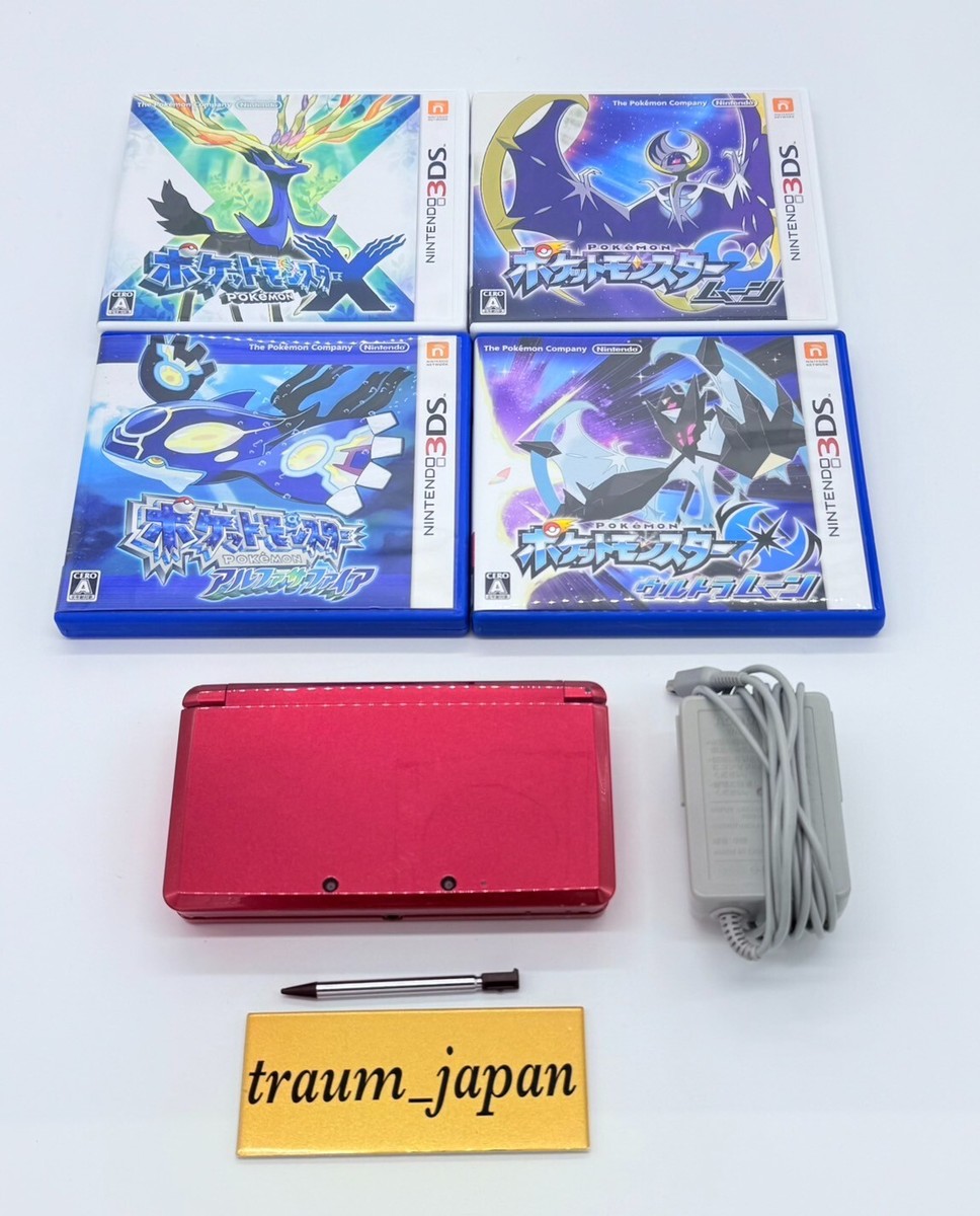 Nintendo 3DS Red Console & Pokemon X Moon Ultra Moon Alpha
