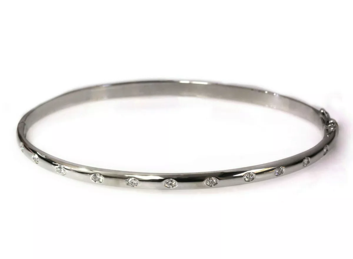 0.45 ctw Natural Diamond Solid 14k White Gold Flush Set Oval Bangle Bracelet 7