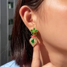 Women Gold Plated Plant Design Cubic Zirconia Fruit Flower Dangle Drop Earrings