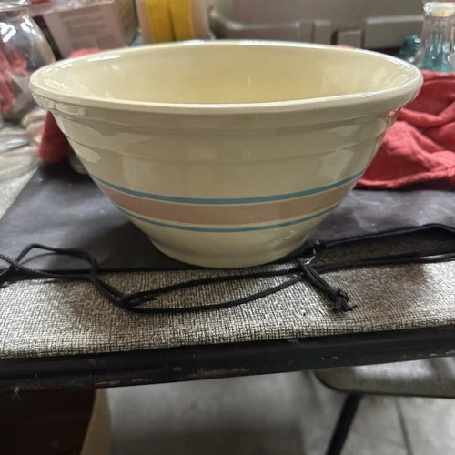 Vintage McCoy Stonecraft Mixing Bowl with Pink and Blue Stripes Decorations