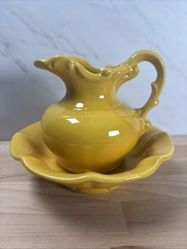 McCoy Pottery Yellow Stoneware Small Pitcher and Bowl 7-1/2 Inch Collectible
