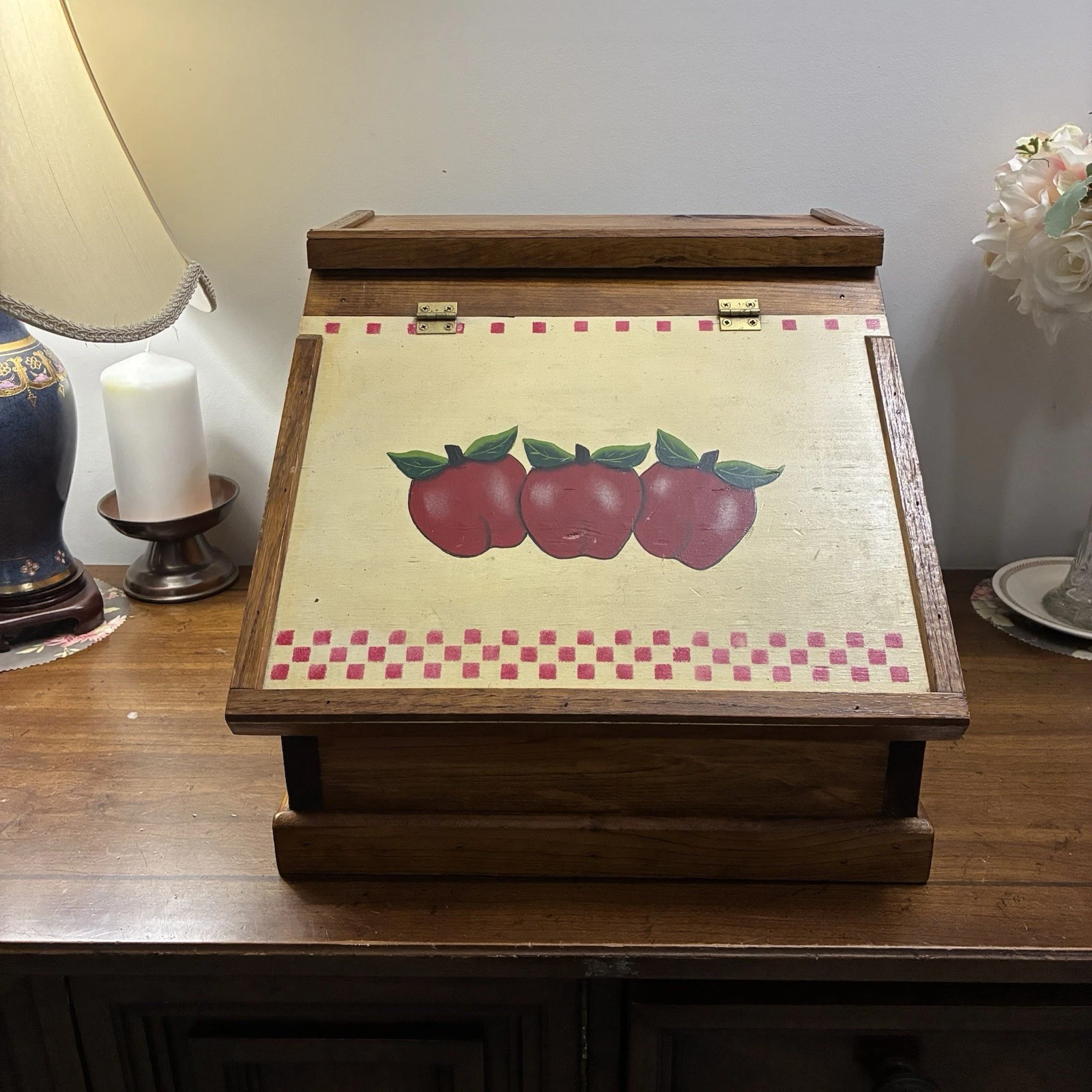 Vintage Wooden Bread Box Country Farmhouse Extra Large Apples