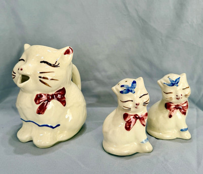 Vintage Shawnee Pottery Puss N Boots Cat Creamer Salt Pepper Shakers 3 Pc USA