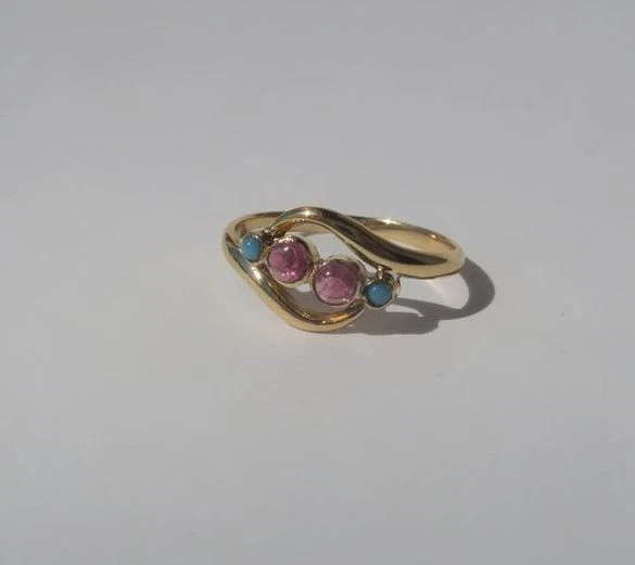 Bague ancienne or jaune 18 carats tourmaline rose et turquoise France vers 1900 - Photo 4/4