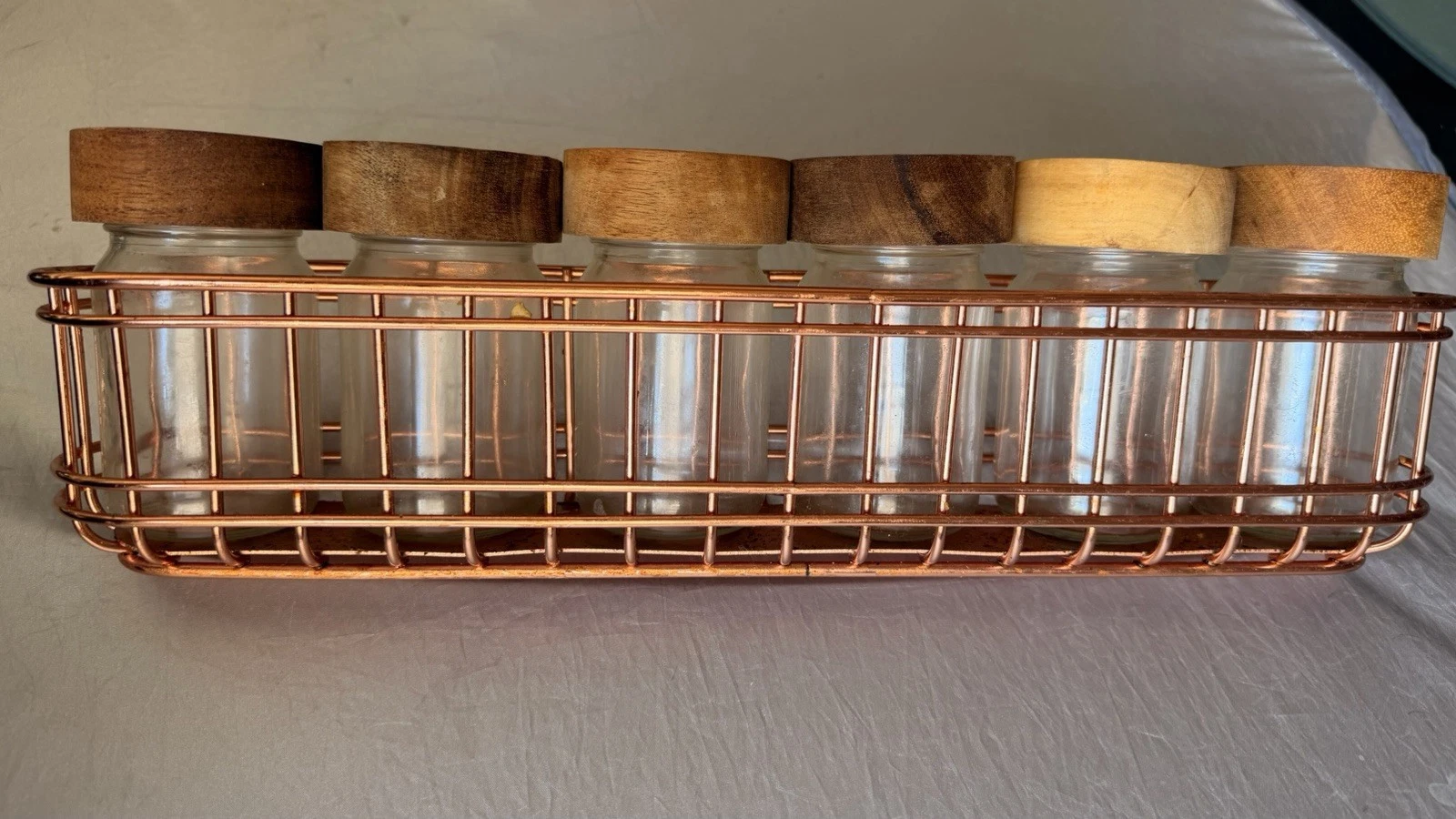 Martha Stewart Copper Spice Rack Set with 6 Glass Jars and Wooden Lids