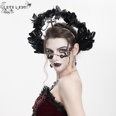 Eva Lady Women Black Gothic Cross Flower Feathered Headband