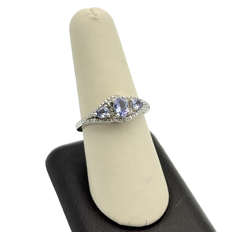 925 Sterling Silver Diamond & Iolite Ring - Size 9.25