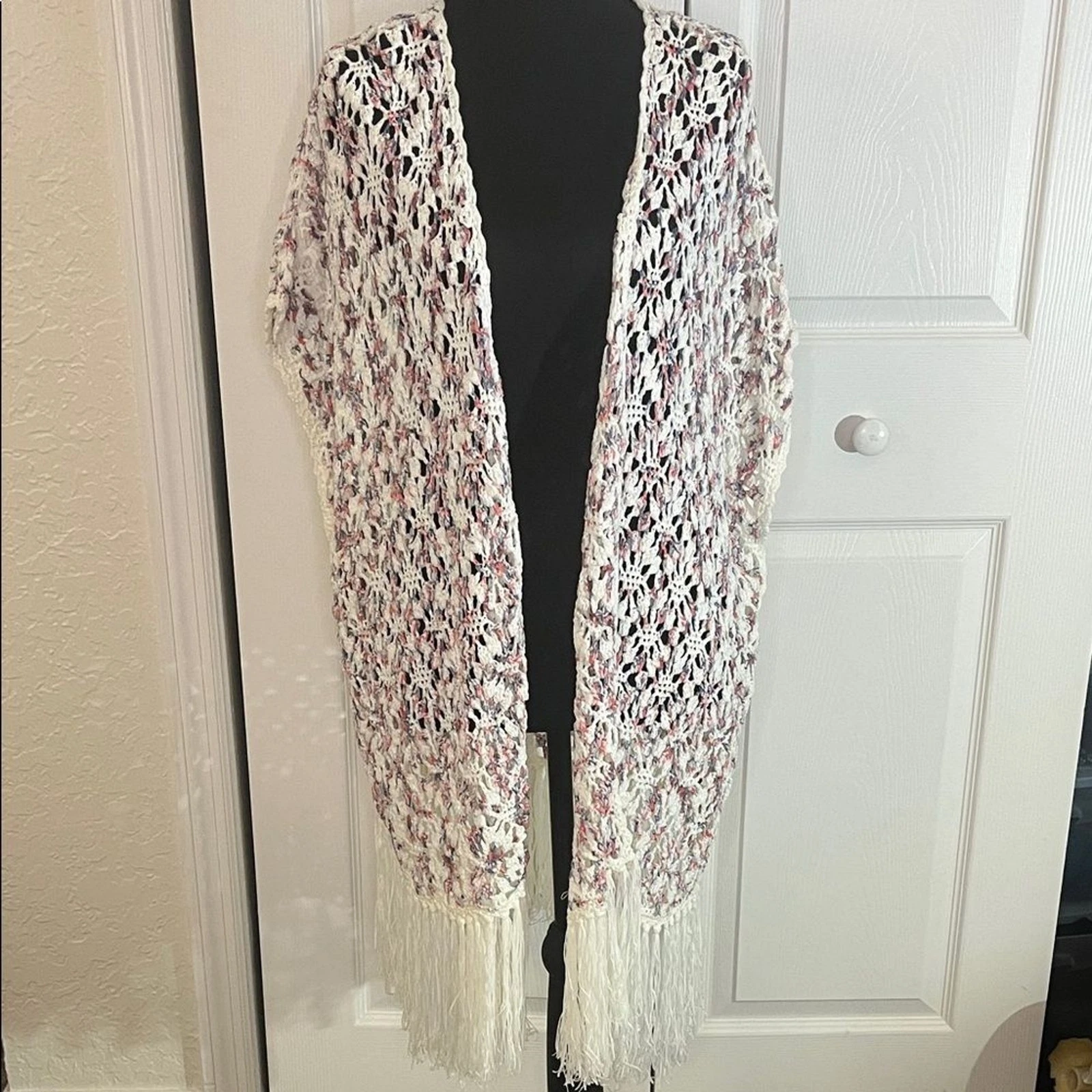 POL White Red Blue Festival Crochet Fringe Cardigan Poncho Shawl Boho Small