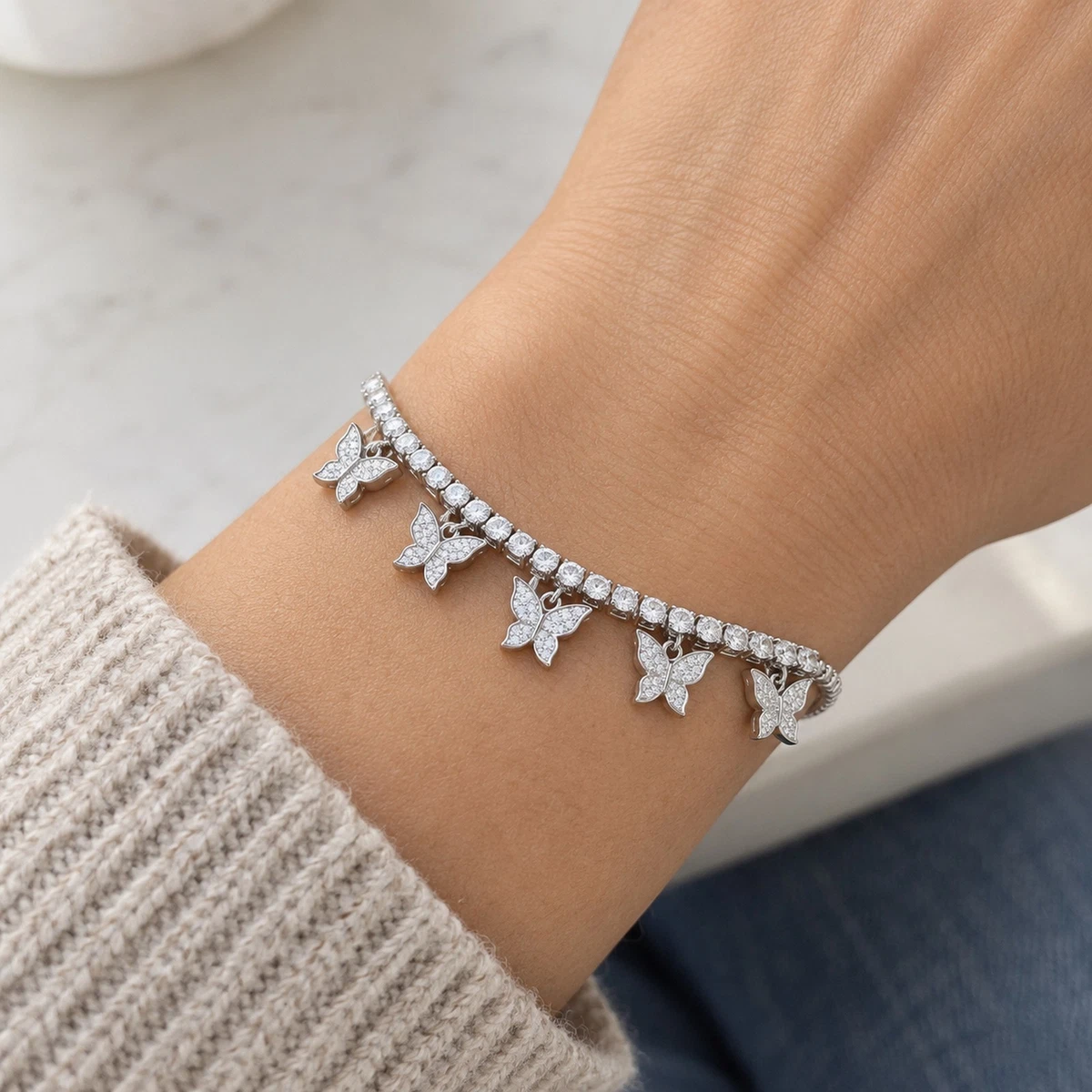 Butterfly Charm Tennis Bracelet Silver Tone Copper Clear Zircon Adjustable