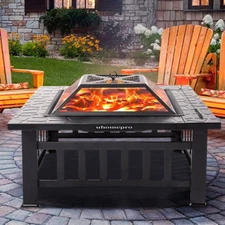 32" Wood Burning Fire Pit Table: Screen Lid, BBQ Net, Ice Tray