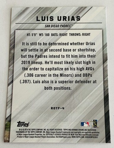 2019 Bowman Chrome Rookie of the Year Favorites Padres Card #ROYF4 Luis Urias RC - Picture 2 of 2