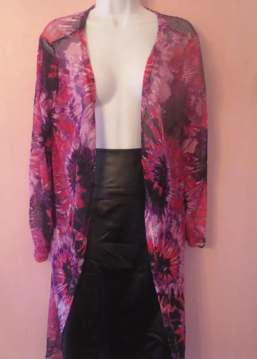 OPEN FRONT Jacket Shirt Topper FISHNET MESH DUSTER Black Pink