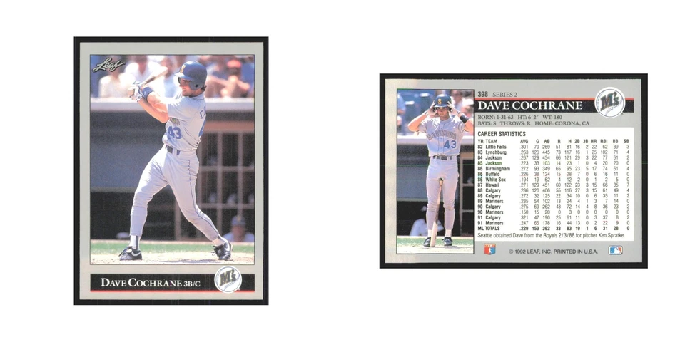 1992 Leaf Dave Cochrane Mariners #398.0 - Image 3 of 3