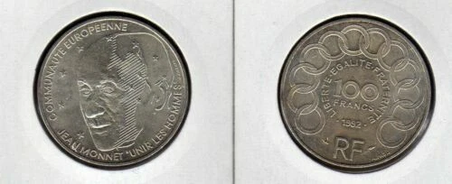 Pièces de monnaie françaises de 100 francs, sur un jean monnet