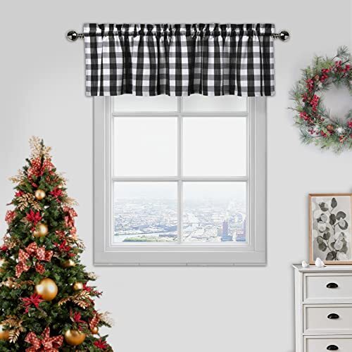 Black White Buffalo Plaid Valance Linen Sheer Cafe Curtain Buffalo Black/White - Picture 1 of 6