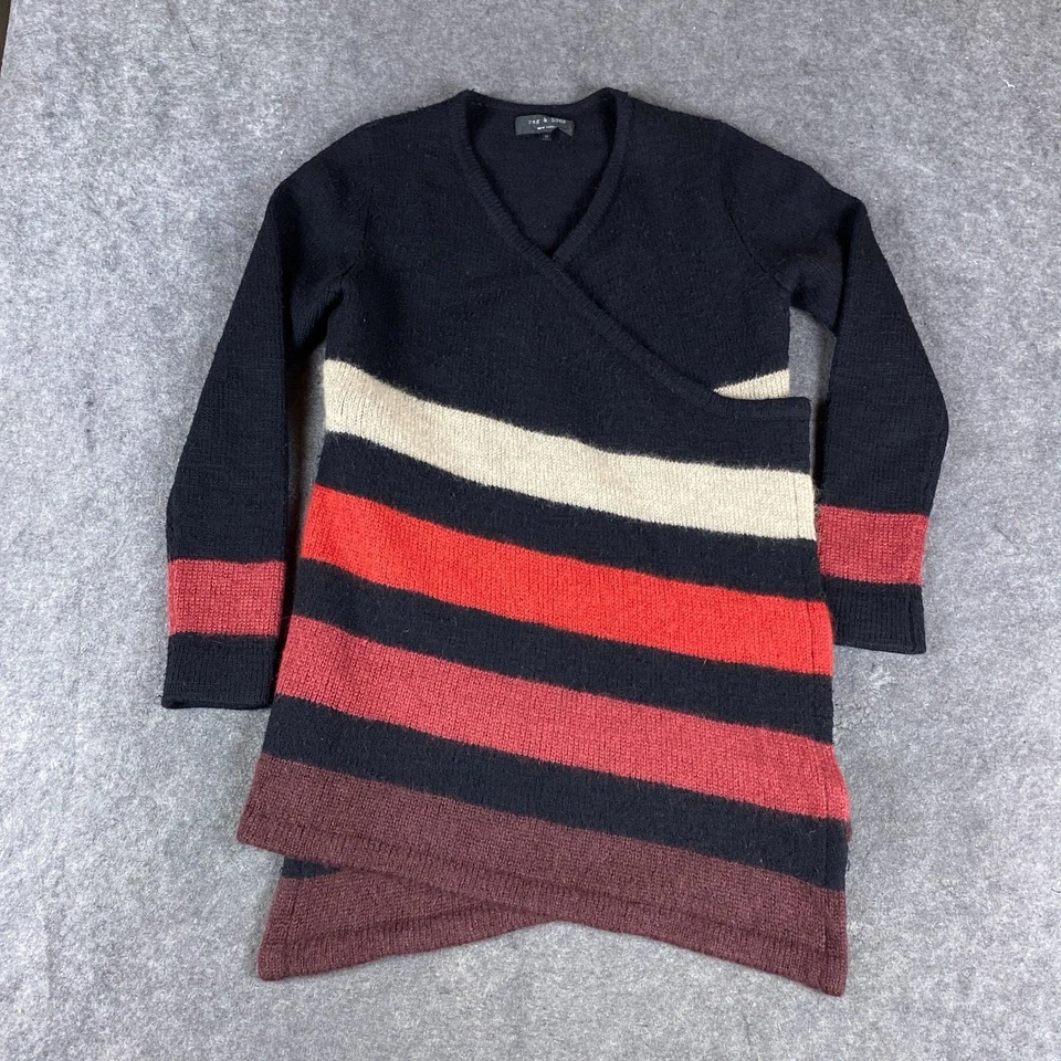 Rag Bone Sweater Womens Medium Black Red Striped Cardigan Waterfall Wrap - Image 3 of 4