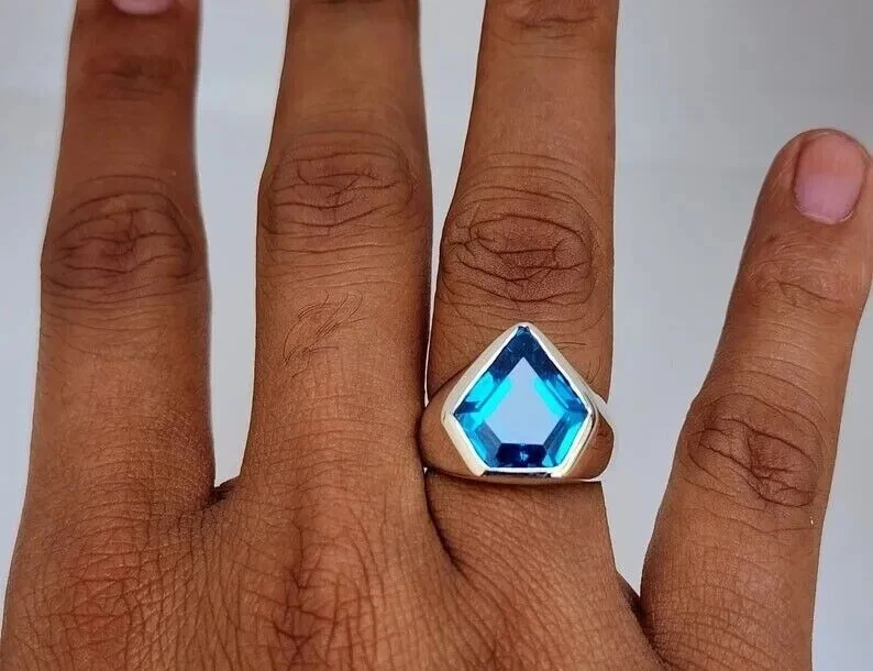 Anillo de compromiso de topacio simulado de 6 quilates con topacio para hombre plata blanca 925 sólida real Foto 3 de 4