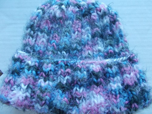 Hand knitted warm & fuzzy beanie/hat, pink/gray/white/lavender - Picture 5 of 7