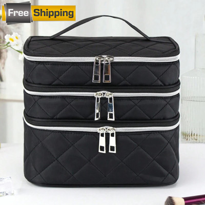 1pc Black Fabric 3-Layer Travel Cosmetic Bag, Large Capacity & Divided Storage