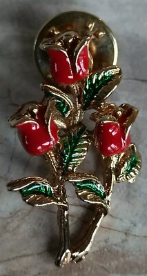 Rose Enamel Pin Gold Tone Red Bouquet Ballou Reg d Pin Green Leaf Vintage 
