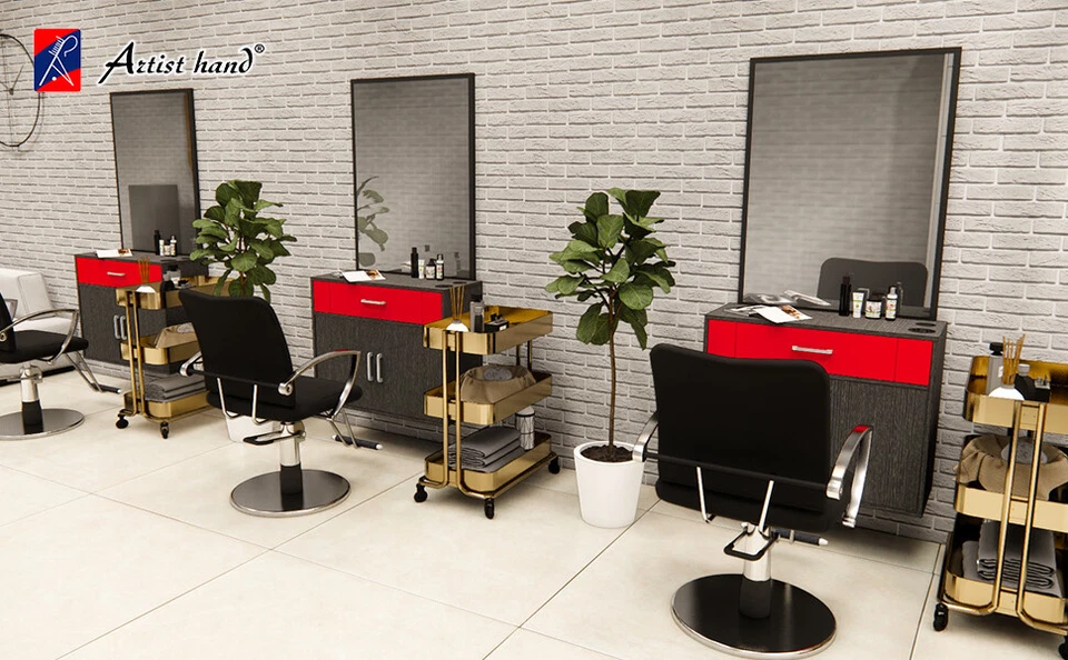 Espejo de cajón para estación de peluquería de montaje en pared negro + rojo muebles de estilista de salón de belleza Foto 3 de 4