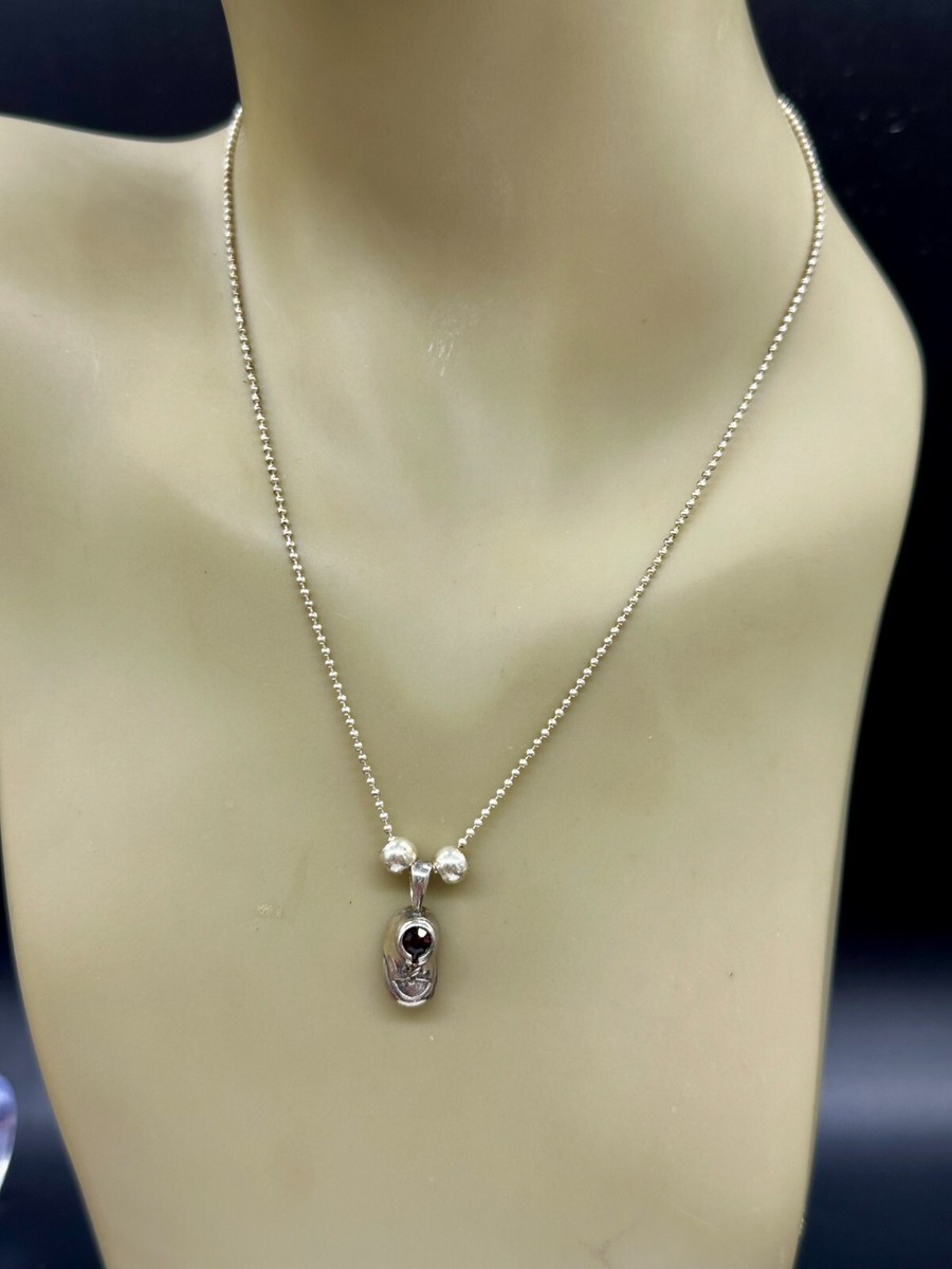 VINTAGE STERLING SILVER 925 CHAIN BALL BABY SHOE RUBY RED GLASS NECKLACE PENDANT View 2