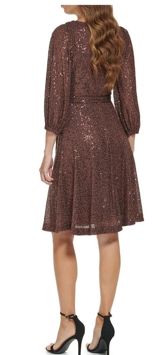 DKNY Size 2 Brown Stretch Sequin Faux Wrap Dress Long Puff Sleeve | eBay