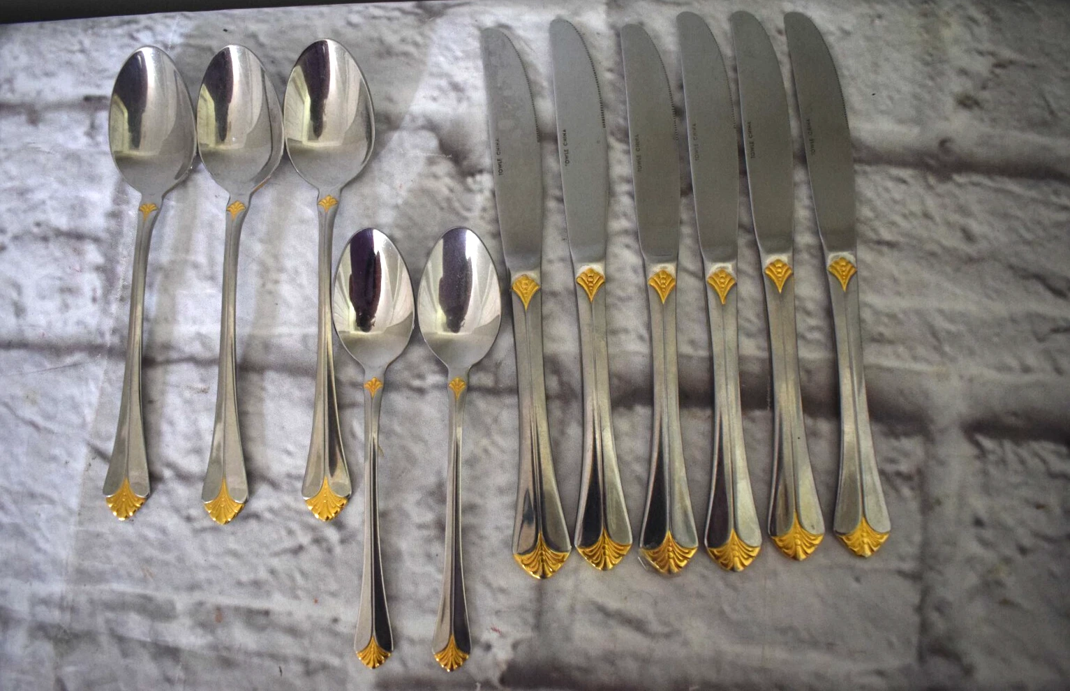 11 Pc Towle Santa Barbara Gold Stainless Flatware Serving Spoons Teaspoons Knive