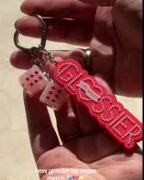 Limited Edition GLOSSIER Las Vegas Logo Dice Keychain + Sticker + Bubble Pouch 