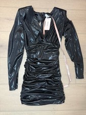 House of CB Ruched Bodycon Dress Black Metallic Long Sleeve Size L