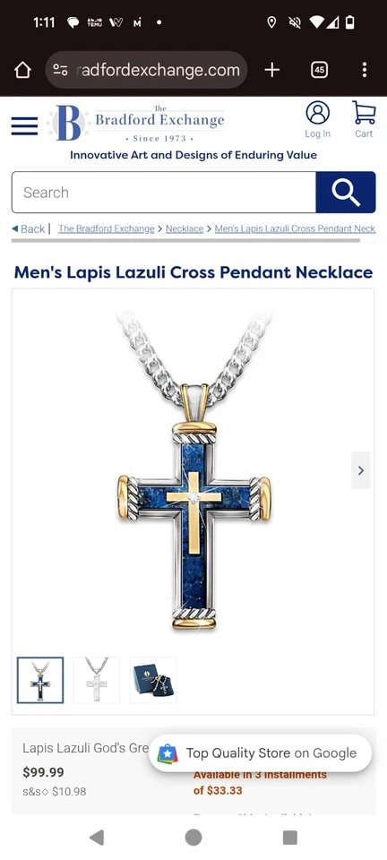 Collar colgante cruz lapislázuli para hombre Bradford Exchange venta al por menor $99 Foto 2 de 4
