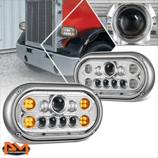 For 67-87 Peterbilt 359 LED Halo Ring DRL Projector Chrome Headlights Head Lamps