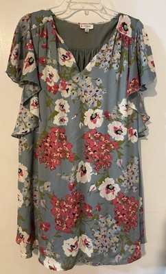 Umgee Hydrangea Floral Print Flutter Sleeve Dress. Boho Size M