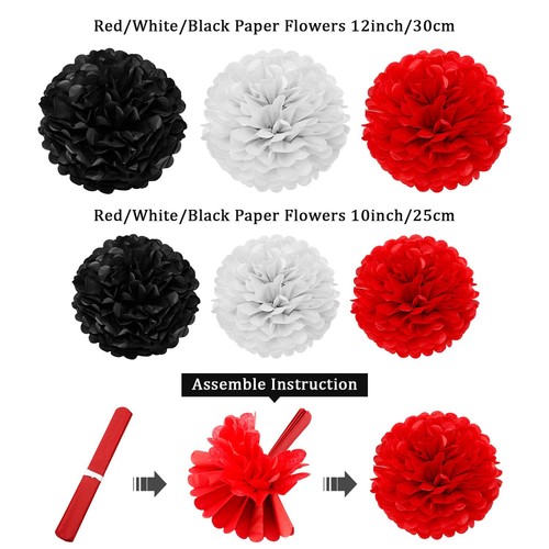 29 Pcs Red and Black Decorations Mouse Paper Decoration Fan Pom Pom Honeycomb... - Picture 5 of 8