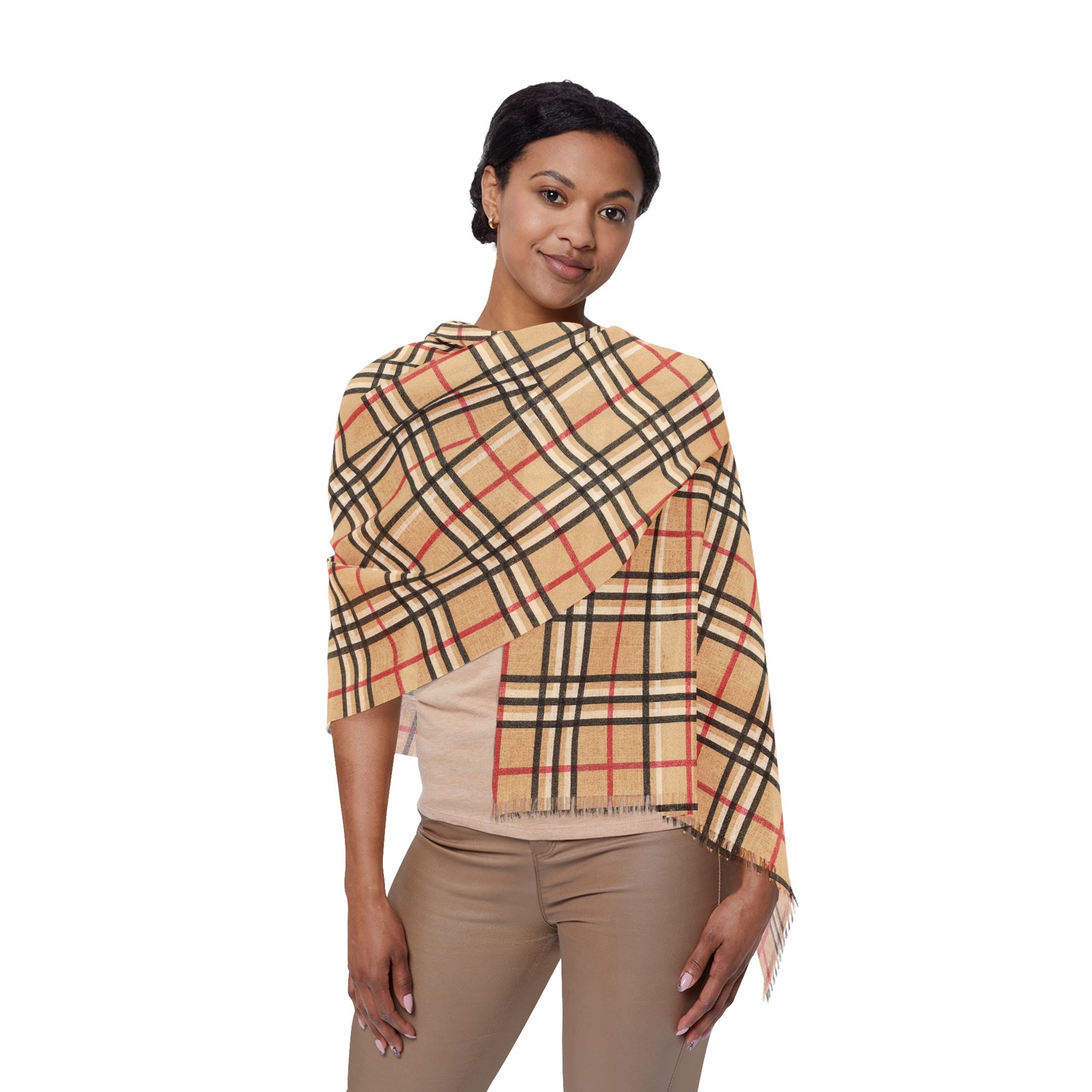 Women's Tan Plaid Scarf, Lightweight Checked Pattern, Fringe Edges, Cozy Gift