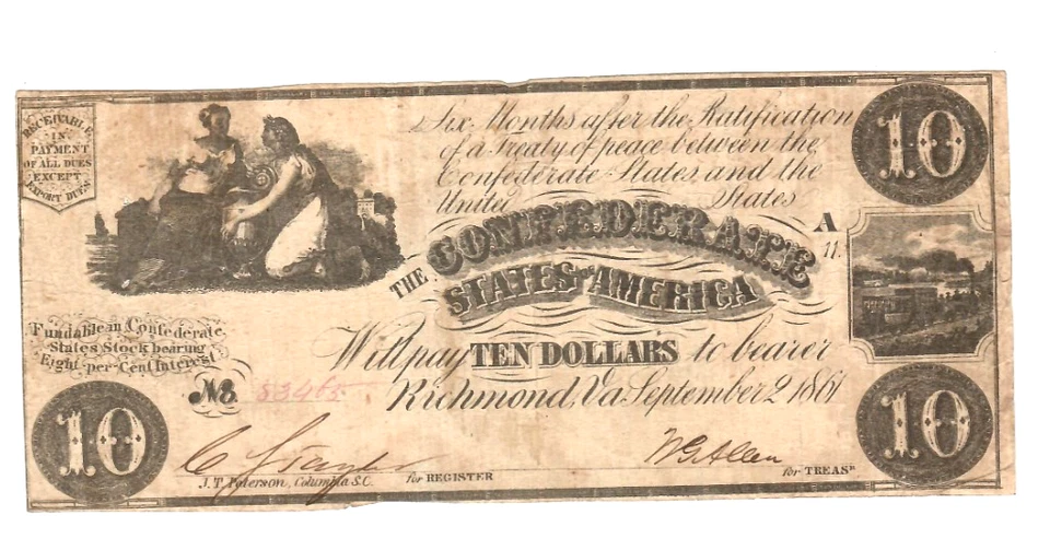 $10 "CONFEDERATE"  (1800S) $10 "CONFEDERATE" (RARE)!!!  $10 "CONFEDERATE" NICE!! - Image 2 of 3