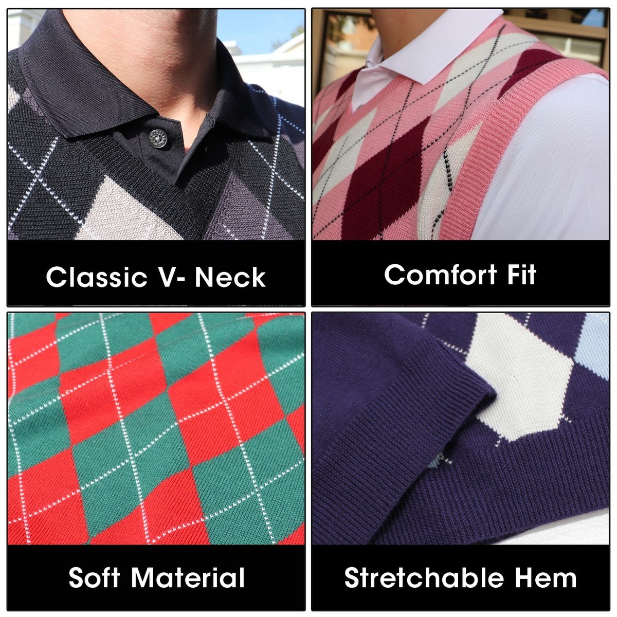 Golfknickers V-Neck Colorful Argyle Golf Sweater Vests Men Sizes