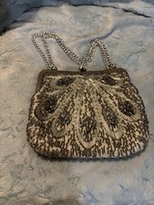 Beaded Evening Purse with Silver Chain Strap Gold Tones Satin Lining- La Regale