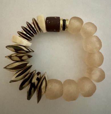 Allie + Bess Stretch Bracelet Bone Bead Mixed Media Boho Neutral